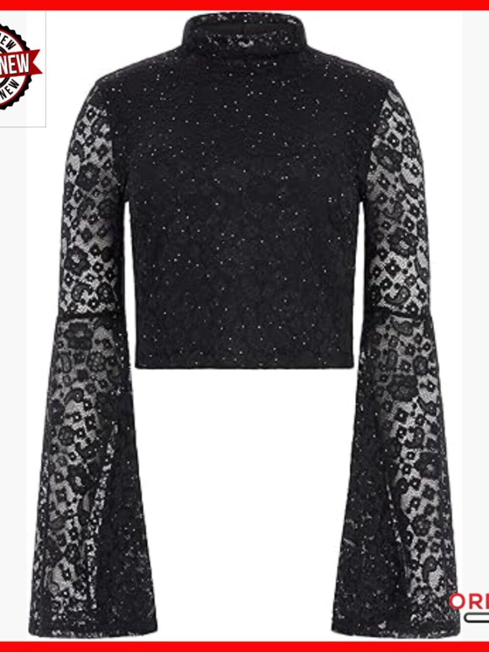 Long Sleeve Mock Neck Blouse with Stretch Lace Bell Sleeves Fitted Top